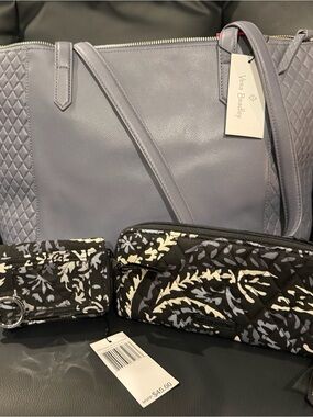 Vera Bradley  Gray Quilted Leather Tote with Floral Wristlet Set
